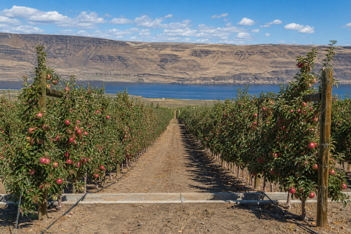 Irrigated apple orchard rows running down a bench above the Columbia River with bare brown sagebrush hills rising behind them