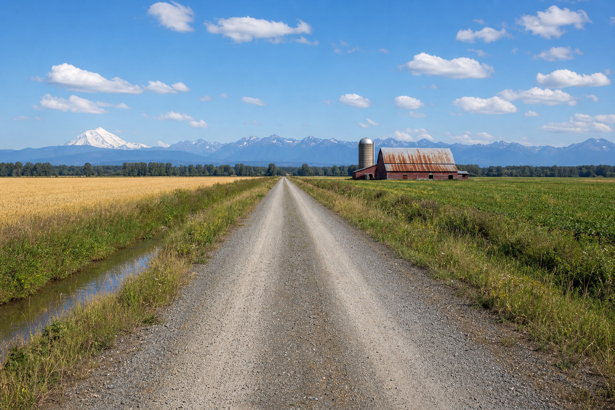 Flat Skagit Valley farm ground with a straight gravel county road, a weathered red barn and the snow topped Cascade foothills behind it