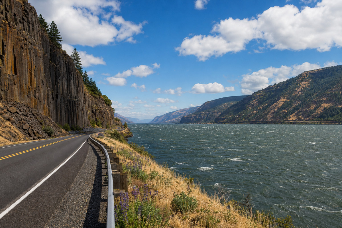 The Columbia River seen from the Washington side of the Gorge with a two lane highway hugging basalt cliffs and wind ruffling the water